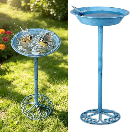 WANGIRO 12" Freestanding Metal Bird Bath & Feeder Magnetic Dragonfly Blue | Rust-Proof Metal, Sturdy Base with 3 Ground Stakes, 2-in-1 Bath & Feeder, Easy Clean, Gift for Garden Patio Lawn Backyard