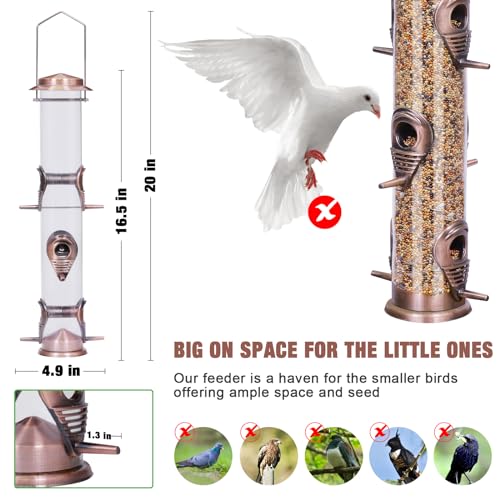 ERYTLLY Metal Bird Feeder for Wild Birds - 1.4mm Extra Thick Solid Transparent Tube With Steel Hanger, Squirrel Proof for Outside (Antique Copper-Metal 6 Feeding Ports) - color: Antique Copper-Metal 6 Feeding Ports