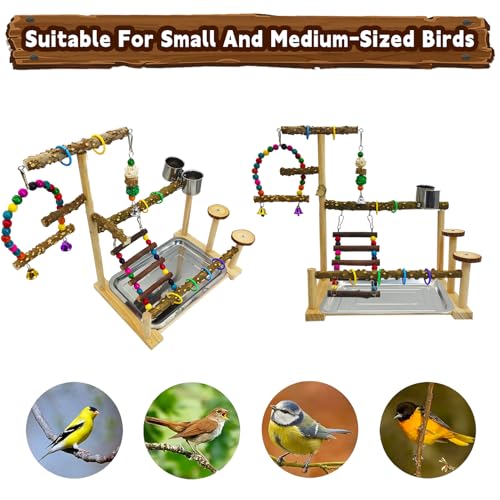 kathson Parrot Play Stand Parakeet Playground Bird Jungle Gym Wood Conure Playstand Hanging Chewing Toys with Swings and Feeder Cups Bird Cage Accessories for Cockatiel Lovebirds Budgie