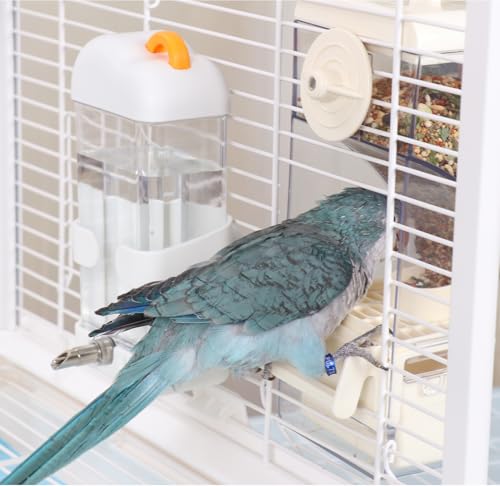 No-Mess Bird Feeder & Waterer Set for Cage, 300ml Auto Feeder with Seed Hull Catcher & 400ml Stainless Steel No-Backflow Drinker, for Cockatiels Conures Parakeets