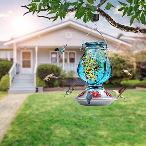 Hummingbird Feeders for Outdoors Hanging, Hand Blown, Blue, 22oz | Glass Hummingbird Feeder with Ant Moat, 5 Bee-Proof Ports, Leak-Proof, 360° Perch, Garden Decor, Gifts for Women Men Mom Dad - color: Blue