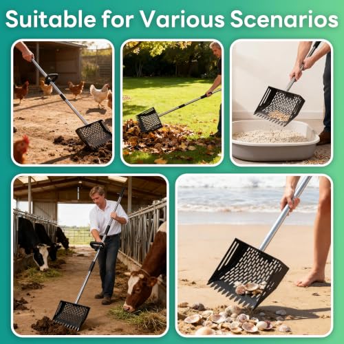 Oture Chicken Poop Scooper & Rake 2-in-1, Metal Chicken Coop Scoop Shovel for Poop, 24 to 66'' Adjustable Handle Litter Scooper Sand Sifting Shovel for Coops/Goat Stall/Farm Animals
