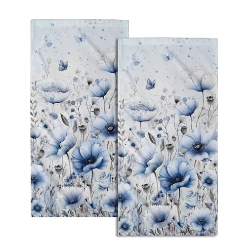 Watercolor Flowers Hand Towels, 14x28 Inch Blue Poppy Floral Butterflies Absorbent Soft Dish Cleaning Wash Cloth Tea Towels for Kitchen Bar Bathroom Spring Summer Home Decor - color: Blue Flowers Poppy