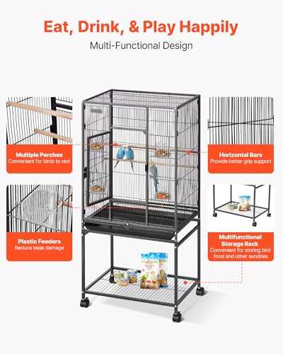 VEVOR Bird Cage, 24.6 x 16.7 x 53.9 inch, Flat Top, Wrought Iron Bird Flight Cage with Perches, Slide-Out Tray and Plastic Feeders, Casters, for Parrot, Blue Tit, Cockatiel, Canary, Budgerigar, Conure - size: 24.6"L x 16.7"W x 53.9"H