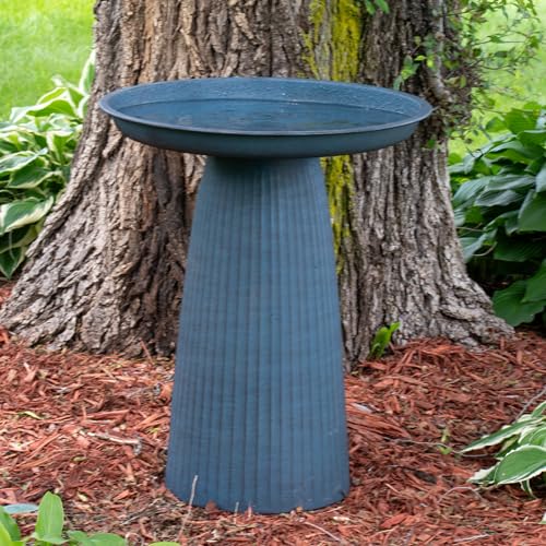Sunnydaze Modern Bird Bath for Outside, Iron, 23” H, Matte Blue | UV & Rust-Resistant Matte Finish, Durable Iron,1 Gal Water Cap, Outdoor Birdbath for Garden, Pedestal Bird Bath with Bowl - color: Matte Blue