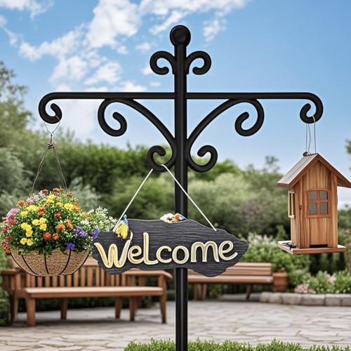 Luzbirba 92in Bird Feeder Pole, Shepherd Hook, 6 Hooks, 5-Prong Base | Heavy-duty pole with squirrel baffle for bird feeders, hanging plants, outdoor lanterns & hummingbird feeders, yard decor