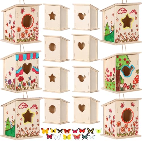 Outus 24 Pcs Wooden DIY Birdhouse Kits for Kids to Build, 4 Shapes Birdhouse Kit Wooden Unfinished with Butterfly Sticker for Boy Girl Arts Crafts(Classic)