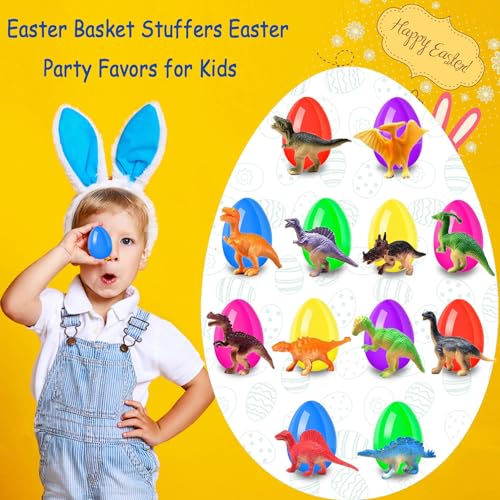 24Pcs Easter Eggs with Dinosaurs Inside, Easter Basket Stuffers Easter Party Favors for Kids, Filled Easter Eggs for Easter Hunt, Classroom Prize Supplies