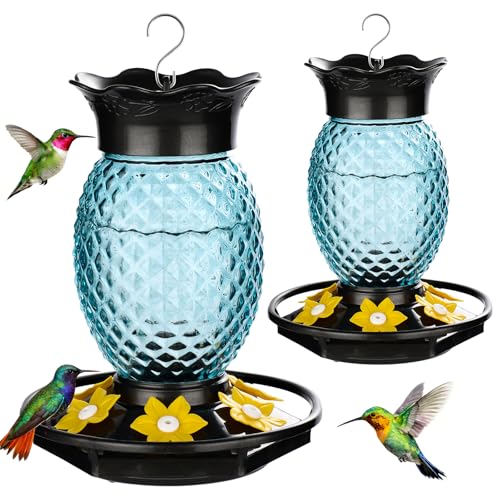 Fchstaer Glass Hummingbird Feeders for Outdoors Hanging 16oz 2 Pack Blue Pineapple Bee & Ant Proof 360°Perch Leakproof Easy Clean with 6 Feeding Ports Gifts for Mom - color: Blue-2PC