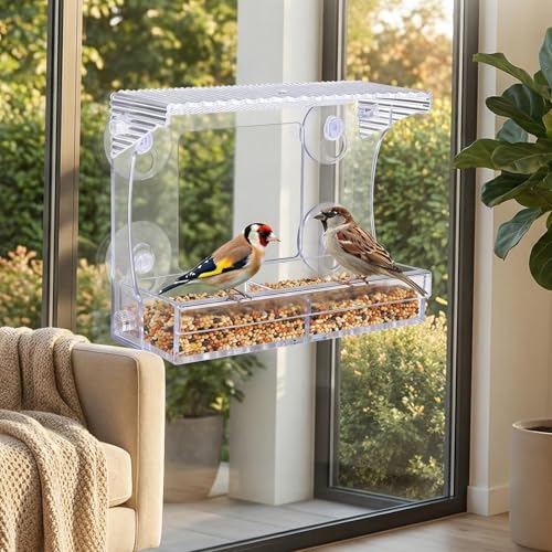 SUQ I OME Window Bird Feeder for Outdoors, Clear Acrylic | Tilted Roof, Strong Suction Cups, Rain Proof, Transparent Wild Bird Watching House