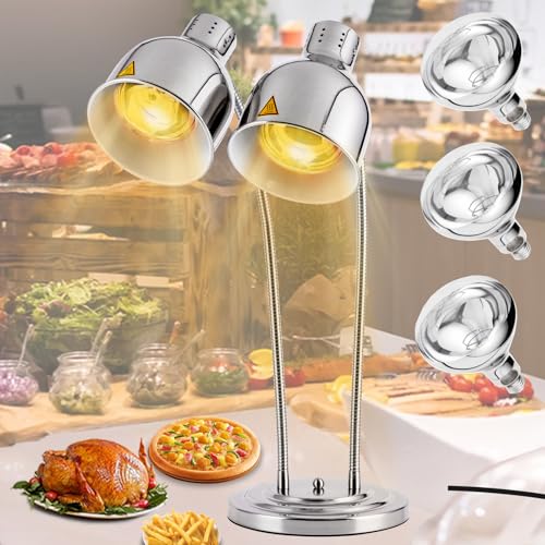 Dual Head Food Heat Lamp 500W w/3 Bulbs for Buffet Food Warmer | Heavy-Duty, Commercial Large Food Warming Lamp w/ 3 Bulbs,Carving Station/Restaurant/ Parties, Flexible Arms, Adjustable Head