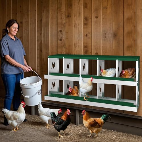 GarveeLife 10 Compartment Chicken Nesting Box, Nesting Boxes for Chickens, Metal Chicken Laying Boxes with Perch, Secure Lid, Versatile Wall Mount or Free Standing for Hens, Green - color: green, size: 10 grids