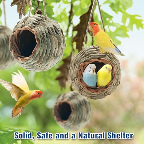 WDEFUN Humming Bird Houses for Outdoor Hanging, Natural Grass Bird Hut,Hand Woven Hummingbird Nest,Wren Finch Bird House for Garden Window Outdoor Home 4 Pack - size: ball shape 4 pcs