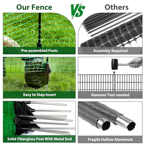 3'x50' Temporary Fence with Posts, Portable Dog Fence Outdoor for Yard | Green mesh with step-in posts, No assembly required, Fencing for yard, Garden fence animal barrier, Snow fence - color: Green, size: 3x50 ft