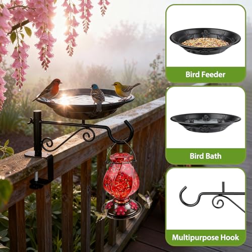 Balcony Bird Feeder, Bird Bath with Plant Hook for Outdoors, Black | Deck Mounted, Heavy Duty, Garden Hanger for Hanging Planters, Lanterns, Wind Chimes, Easy to Install, Gifts for Women Men - style: 1 Tray with Hook