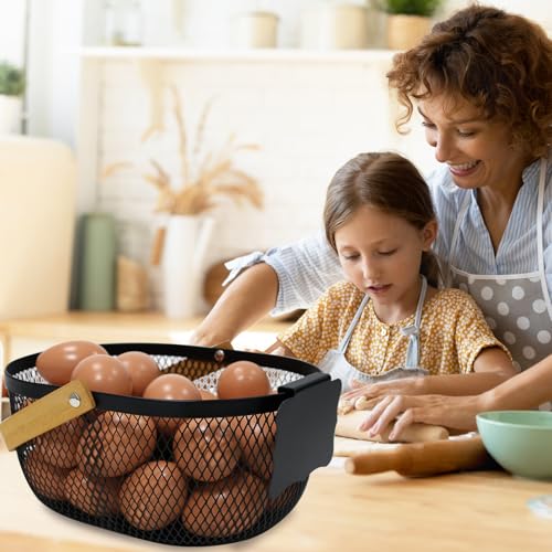 Farmhouse Egg Baskets for Gathering Fresh Eggs, Oval Metal Egg Collecting Basket Egg Holder with Wooden Handle, Countertop Kitchen Decor
