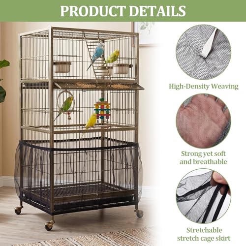 Bird Cage Cover,Bird Cage Seed Catcher,Durable Airy Nylon Mesh Net, Adjustable Birdcage Cover Skirt Seed Guard for Parrot Cockatiel Parakeet Pigeon Big Round Square Cages(Black) - color: Black