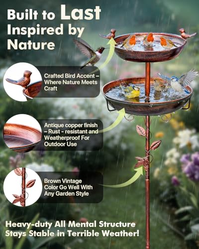 Metal Bird Bath for Outside - Outdoor Garden Decor Birdbath 2-Tier Water Bowl with Copper Finish Stake Adjustable Height 45'' Tall for Yard