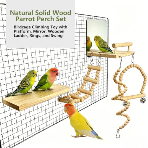 Bird Perch Platform with Mirror, Wooden Climbing Ladder(with Mirror) | Swing Toys with Hanging Chewing Balls,Parrot Cage Accessories - color: Mirro