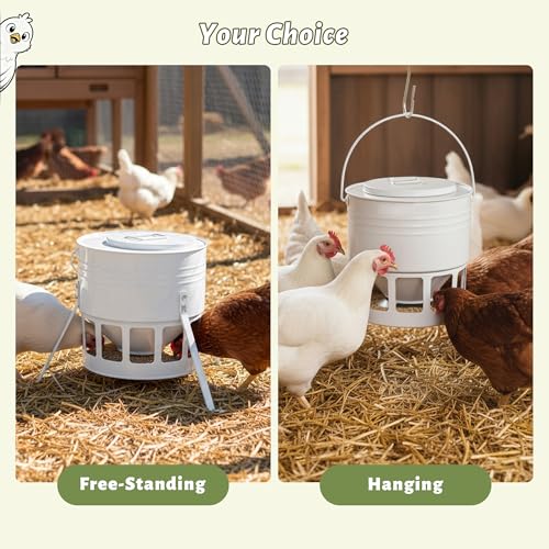 KOL Metal Chicken Feeder - 20lbs No Waste Chicken Feeder with 12 Ports, Powder Coated Rust-Proof Design & Smooth Edges for Safe Feeding (Jade White) - color: Jade White