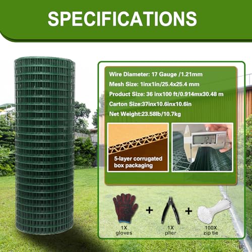 Hardware Cloth 1 inch 36in x 100ft Chicken Wire, Green Garden Fence, 17 Gauge, Vinyl PVC Coated Metal Welded Wire Mesh for Preventing Snakes, Raccoons, Foxes, Poultry Netting - size: 1inx36inx100ft