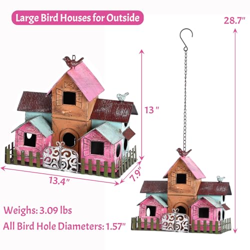 Large Bird Houses for Outside Hanging, Metal Bird Houses for Outside with 5 Compartments for Birds to Nest in, Durable Colorful Bird House 10 Hole Birdhouses for Outdoors Hanging - style: Colorful 2