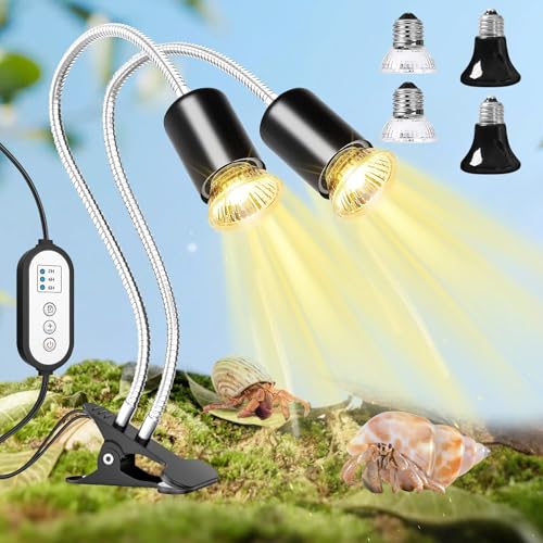 Hermit Crab Heat Lamp, Double-Head Reptile Heat Lamp with Clamp, Reptile Light with Rotatable Hose and Timer, Suitable for Reptiles Lizard Turtle Tortoise Snake Bearded Dragon, 4 Bulbs 25W+50W - size: Double-Head
