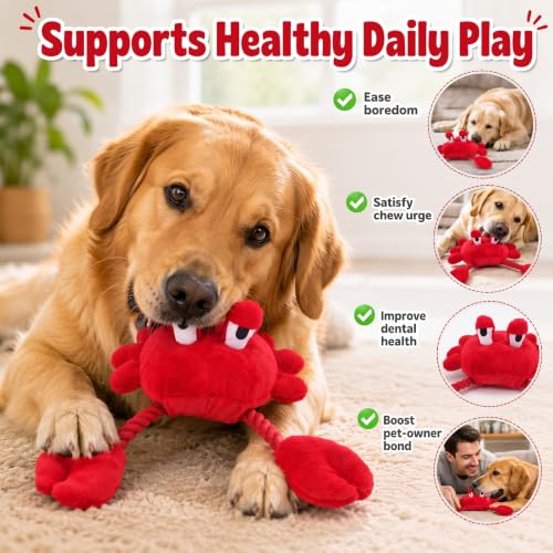 Squeaky Dog Plush Chew Toy, Interactive Tug Squeaky Toy for Chewers, Medium & Large Dogs & Fetch Play, 18.1 Inch Stuffed Crab Toy with Rope Twisted Claws for Gentle Gum Care & Boredom Relief, Red - color: Red (Crab)