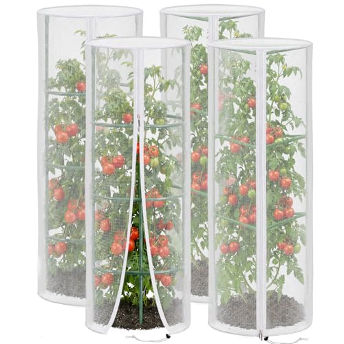 4 Pcs 57"X15.7" Round Tomato Netting with Zipper, Insect Bird Cover | Round Tomato Cage Mesh Cover, Drawstring, Garden Protection Netting, Tomato Trellis, Climbing Plants - size: Round-4PCS