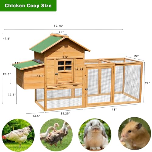 80” Chicken Coop, Waterproof Wooden Hen House for 2-4 Chickens, Outdoor Chicken House with Nesting Box, Removable Tray, PVC Cover, Run, for Garden Backyard Cage - size: 80.8"L x 26.0"W x 44.5"H