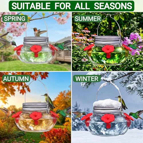 Hummingbird Feeders for Outdoors Hanging, Mason Jar Humming Bird Feeder | Glass Hummingbird Feeder for Outside with 4 Silicone Flower Feeding Ports, Top Fill Leak Proof Easy to Clean and Refill