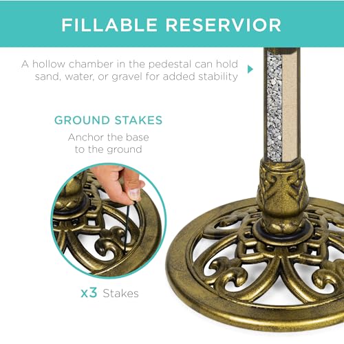 Best Choice Products 28in Pedestal Bird Bath, Vintage Outdoor Resin Accent Decoration w/Fleur-de-Lis Accents - Gold - color: Gold