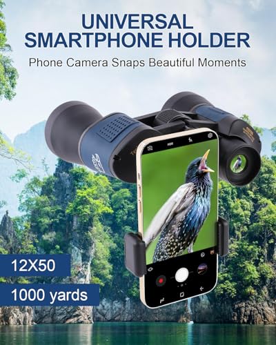 12x50 High Powered Binoculars - HD Low Light Vision for Bird Watching/Hunting/Cruise, Waterproof with Compass & Phone Adapter