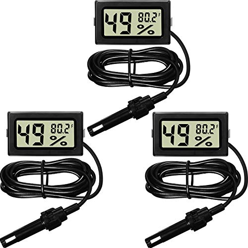 Weewooday Mini Digital Temperature Humidity Meters Gauge with Probe Gauge LCD Fahrenheit Display Thermometer Hygrometer for Incubator Reptile Plant Greenhouse Chicken Coop Garden(Black, 3 Pieces) - size: Black