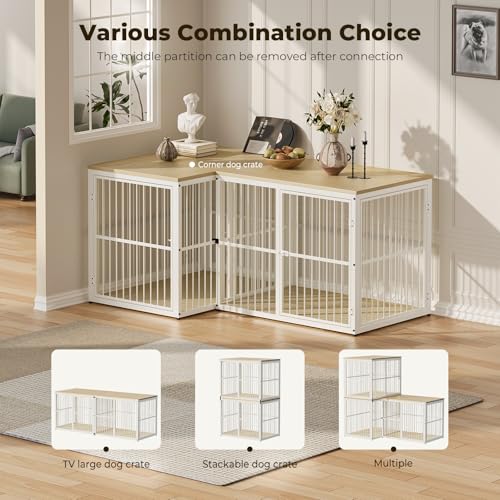 Lyromix 43'' XL Dog Crate Furniture with 3 Doors for Medium to Large Dogs | Wooden Kennel End Table, Heavy Duty Indoor Cage for Golden Retriever Labrador, Multiple Units Can be Combined, Natural Beech - color: Natural Beech, size: 43.3"L x 29.9"W x 33.1"H