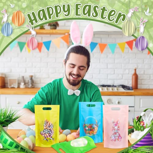 TaoBary 100 Pcs Pastel Plastic Treat Bags with Windows Sealing Resealable Bags with Handle Bunny Egg Goodie Gift Pouch Stand up Candy Bag for Spring Summer Party Gift Wrapping Supplies - color: Pink, Blue, Green, Yellow, style: Pastel