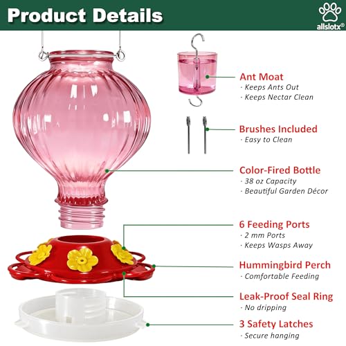 Glass Hummingbird Feeder for Outdoors Hanging, 38 oz Nectar Capacity, 6 Feeding Ports, Leak-Proof Rust-Free Plastic Base, Easy to Refill & Clean, Decorative Pink Glass Bird Feeder for Garden Patio - color: Pink, size: 38 Fluid Ounces