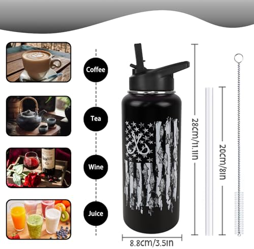 Fishing Water Bottle with Straws Fish Insulated Water Bottle Gifts for Men Dad Papa Husband Fisherman Fathers Day,Anniversary,Christmas,Birthday Travel Thermal Double Walled Vacuum Cup-32 oz - color: black fish hook