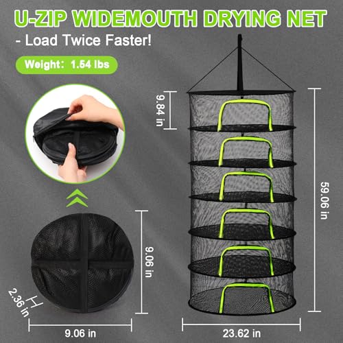 LUKETURE 6-Layer Hanging Herb Dryer Rack - with U-Zipper Mesh Net & Hook, Foldable Collapsible Drying Rack for Plants, Herbs, Flowers, Fish, Jerky, Laundry