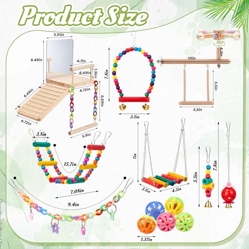 13 Pcs Bird Parakeet Toys, Bird Perch Platform Swing Mirror Ladder with 360° Spin Function, Hanging Parakeet Swing Birds Cage Accessories Toys for Cockatiel Lovebird Parrot