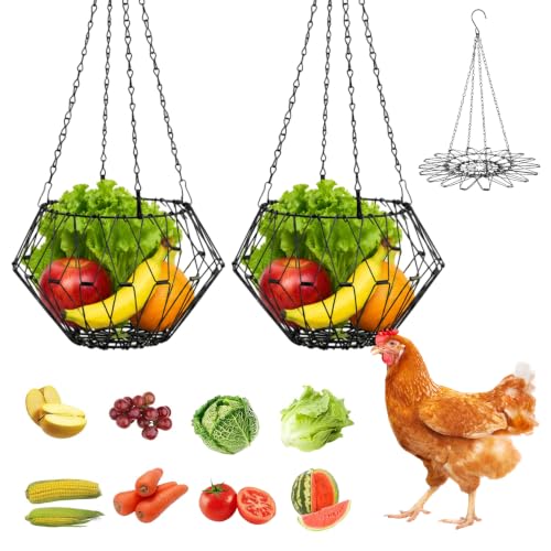 2 Pack Foldable Iron Hanging Chicken Feeder, 6.4 Inch Poultry Feeder Basket with Hanging Chains, Vegetable Hanging Feeder for Duck Rabbit Goose Coop Boredom Relief Toy
