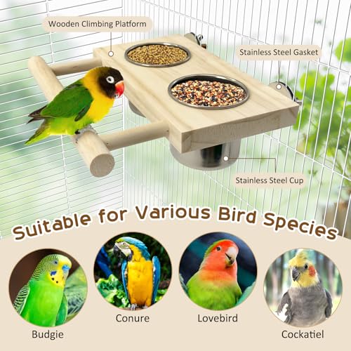 Tfwadmx Bird Feeding Dish Cups with Wooden Platform Hanging Stainless Steel Parrot Cage Feeder Bowl Wood Perch Stand for Parakeet Cockatiels Lovebirds Budgie (Small) - size: Log Perch