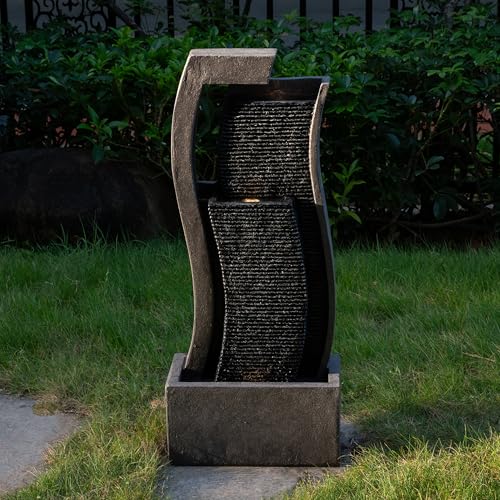 34" Outdoor Water Fountain - Durable Polyresin Modern Style Waterfall with LED Lights & Adjustable Pump, Serene Water Fountain Outdoor for Garden, Patio, Deck, and Backyard Decor (34.06") - size: 34.06"