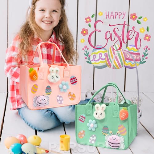 PARSUP 2PCS Happy Easter Egg Hunt Bunny Gift Treat Bags with Handles, Felt Easter Bags for Gifts Wrapping, Egg Hunt Game, Party Supplies, 12" x7.8" x6.8"(Pink + Green)