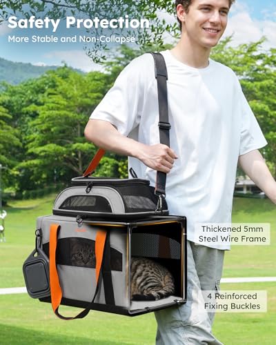 Pecute Cat Carrier,Top Expandable Dog Crate for Travel, Grey | 5mm Anti-Collapse Steel Frame, Soft Mesh, Vet Visits, Foldable Travel Crate,Outdoor Hammock, Leakproof Pee Pad & Bowl - color: Grey
