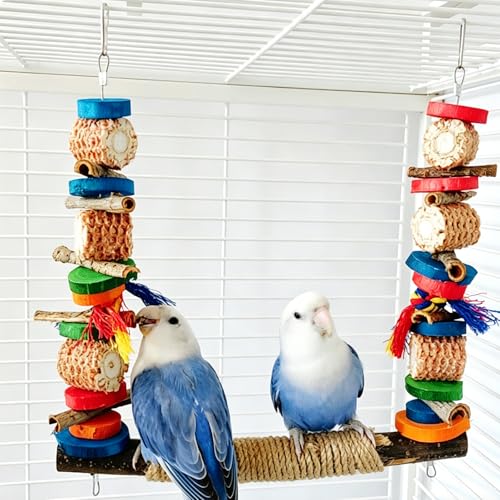 3-in-1 Parrot Toys(Swing + Perch + Chew Toy) | Colorful Parakeet Swing Toy Natural Sisal Rope Adjustable Bird Perch for Chewing and Balance Training for Lovebirds