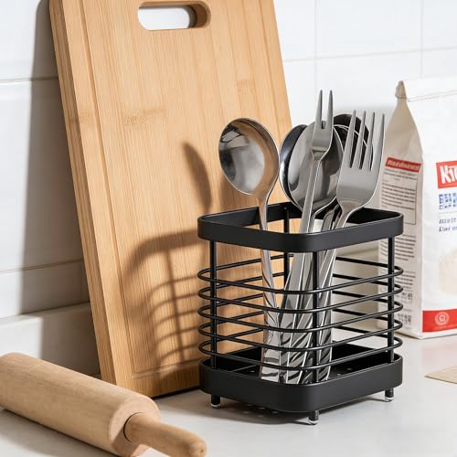 2 PCS Utensil Holder Stainless Steel Drying Rack Flatware Drainer Caddy | Kitchen Counter Cutlery Silverware Forks, Knives, Spoons, Chopsticks Organizer (Black, Silver)
