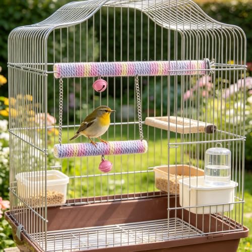 Bird Swing for Cage, Dual-Layer Parakeet Swing | Rainbow Cotton Rope, Bells, Hanging Decor