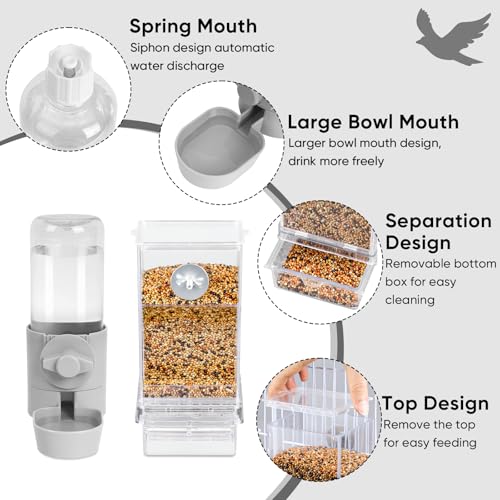 lemtrflo No Mess Bird Feeder Water Dispenser Set, Bird Feeder for Cage | Cage Accessories for Parrot, Finches, Budgies and Canaries - color: grey