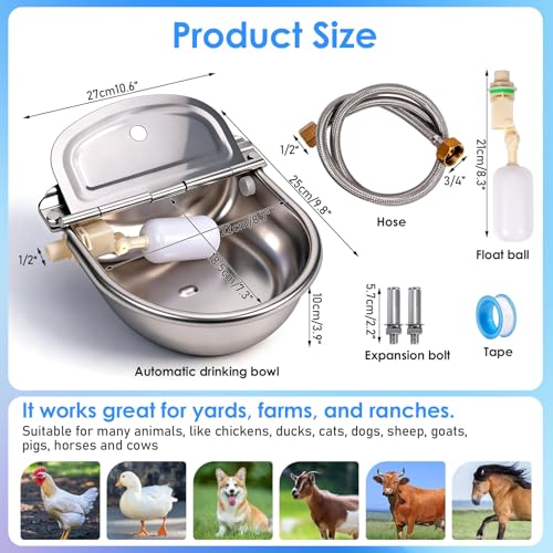 Metal Automatic Chicken Waterer, Duck Waterer No Mess | Stainless Steel Outdoor Wall Mounted Chicken Water Dispenser with Float Valve, Hose and Drain Plug for Chicken Coop